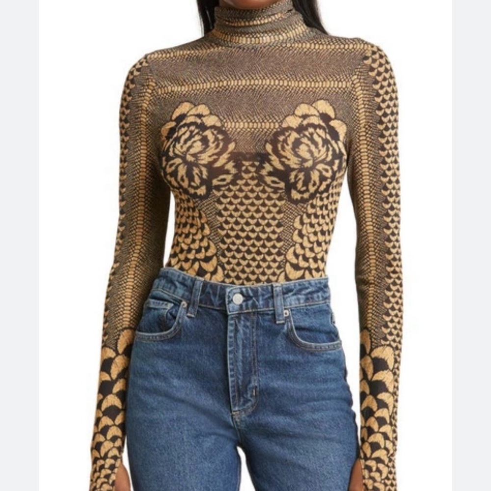 AFRM Zadie Top Semi Sheer Turtleneck Mesh Top in Gilded Petals, XL